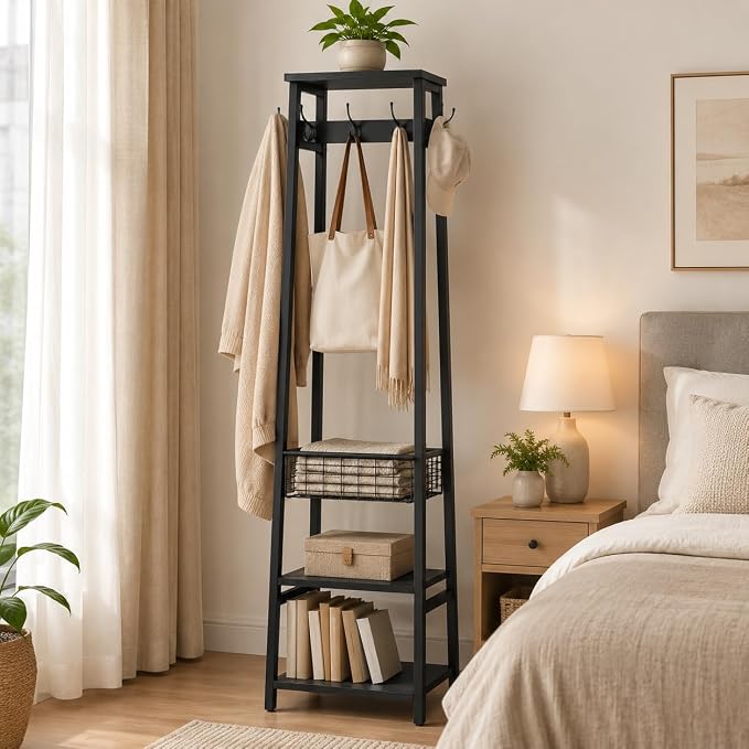 Coat Rack with Metal Basket and Storage Shelves | Coat Stand Freestanding, Hall Tree With and 7 Hooks, Clothes Rack Stand Organizer, Black