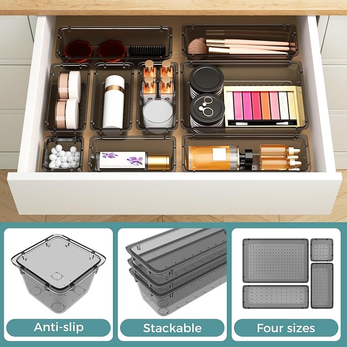 44 PCS Clear Plastic Drawer Organizer Set, 4 Sizes Storage Bins, Black | Desk Drawer Organizer Trays for Makeup, Jewelry, Gadgets and Utensils, Perfect for Bathroom, Bedroom and Office Organization