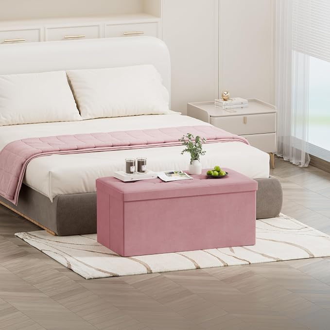 BRIAN & DANY Folding Storage Ottoman Bench, Ottoman with Storage, Foot Rest, Benches Seat for Bedroom, Living Room, Entryway, Long Shoes Bench, 15.7" x 31.5" x 15.7" Dusty Pink