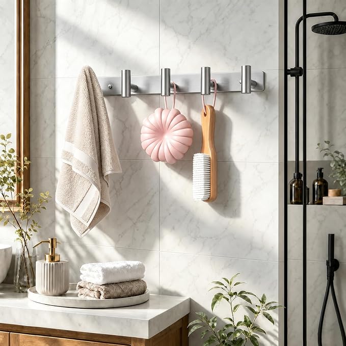 Wall Mounted Coat Rack-5 Hooks, Heavy Duty Stainless Steel Wall Hooks for Towel Coat Bag, Hat Rack Coat Hanger Coat Hooks Towel Racks for Bathroom Entryway Kitchen Hotel (Silvery, 1 Pack)