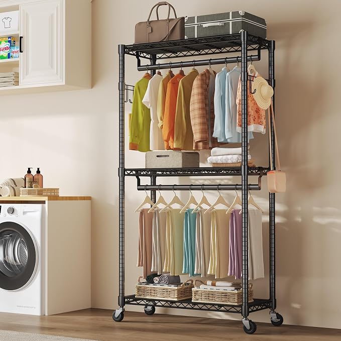 OLIXIS Rolling Clothes Rack, Heavy Duty Garment Rack, 35 IN, Metal Black | Adjustable Closet Organizer for Hanging Clothes, Portable Closet with 2 Side Hooks