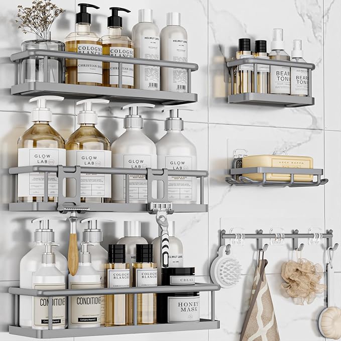 YASONIC Shower Caddy Adhesive, Rustproof Shower Organizer with Soap Holder, Large Capacity Shower Shelves for Inside Shower, No Drilling Bathroom Organizers and Storage for Home Decor（6 Pack Grey）