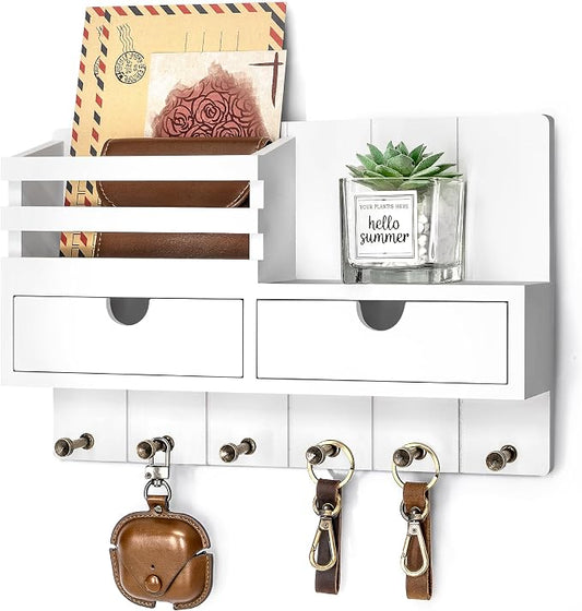 Rebee Vision Key Holder Wall Mount with 2 Drawers for Aesthetic Room, White | Mail Holder, Drawer Organizer, 6 Key Hooks, Home Organization, Mail Sorter, Home Decor, Everyday Storage Organization