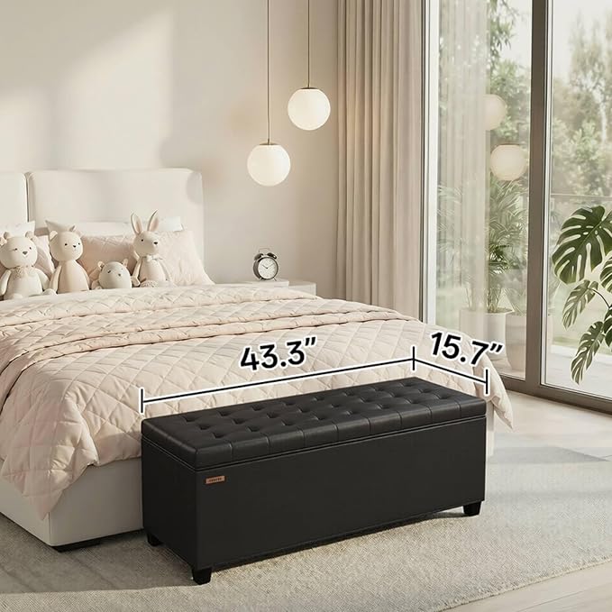 ABHENG Synthetic leather Storage ottoman bench with legs,43.5”W x 15.7”D x 15.7”H,metal frame end of bed bench hold up to 770 LB,Large Storage Chest hold up to 770 LB,Black UASND622B