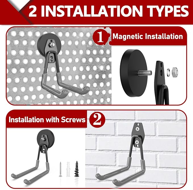3-H Heavy Duty Magnetic Hooks, Large Magnet Hooks,2 Pack Gray | No-Drill Tool Holder for Garage,Power Drill,Garden Tools,Hose Storage