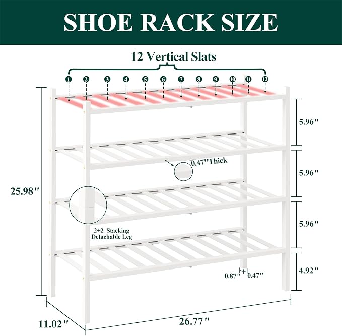 Smiry Bamboo Shoe Rack, 12 Vertical Slats, 4 Tier - 26.8" Wide, White | Stackable Free Standing Wooden Shoe Organizer, Wood Shoe Storage Shelf for Closet, Entryway