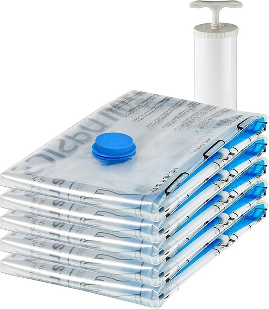 Amazon Basics Vacuum Storage Bags, Compression Space Saving for Clothes and Linens, Reusable with Hand Pump, Large, Clear, 5-Pack