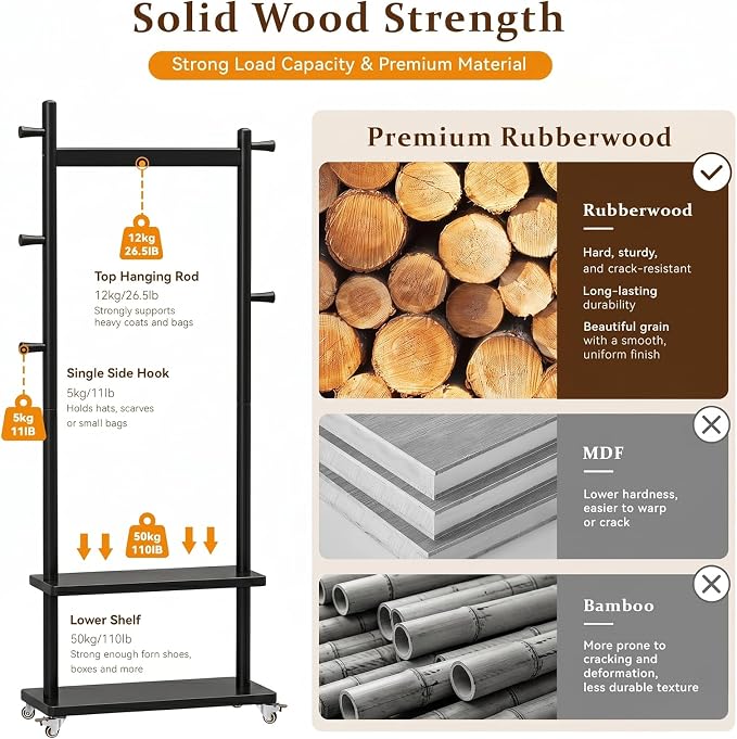 Taitiy Solid Wood Coat Rack Freestanding with Wheels 5 Hooks 2 Shelves