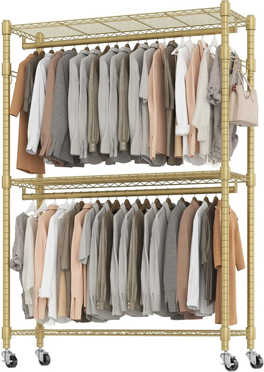 BATHWA Heavy Duty Rolling Garment Racks, 25mm Metal Pipe, 47.3"W x 17.7"D x 80.7"H Large Tall Portable Wardrobe Closet with 2 Rods, Wide Adjustable Shelves and Hangers, Clothing Hanging Storage, Gold