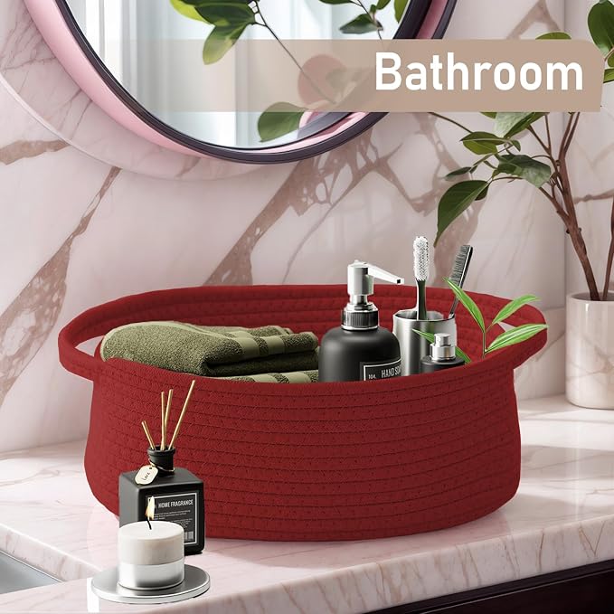 JMvicyroam Small Woven Basket, Empty Gift Basket, Red/3 Pack | Small Gift Basket, Cotton Rope, 12 x 8 x 23 in, Handles, Includes Ribbon and Bag, Birthday Gift Basket