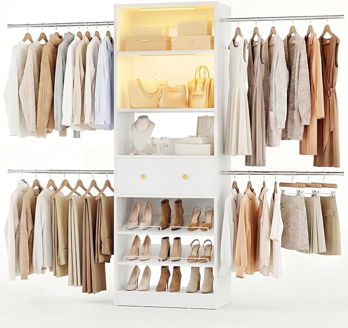 Wood Closet Organizer System with Sensing Light - 4FT-9FT Expandable Wardrobe Closet with Drawer & 4 Hanging Rods, Heavy Duty Walk-in Closet 1000Lbs for Bedroom Walk-in Closet, White