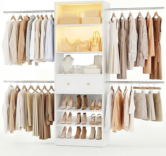 Wood Closet Organizer System with Sensing Light - 4FT-9FT Expandable Wardrobe Closet with Drawer & 4 Hanging Rods, Heavy Duty Walk-in Closet 1000Lbs for Bedroom Walk-in Closet, White