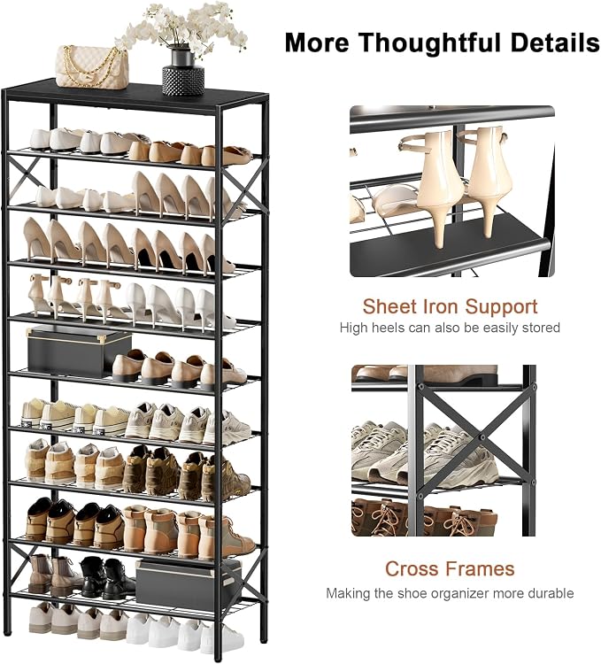 10 Tier Metal Shoe Rack with Wood Top, 30-40 Pairs Black | 65.4in tall for max capacity. 3 iron sheets secure heels. Removable shelf for boots. Top displays decor.