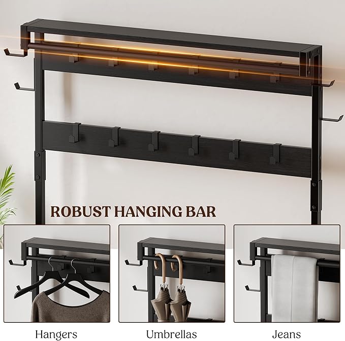 Coat Rack, 39.4” Hall Tree with Shoe Storage Bench, Black | 5 in 1 Entryway Furniture Organizer, 21 Hooks, 2 Fabric Drawers, Handy Clothes Rail