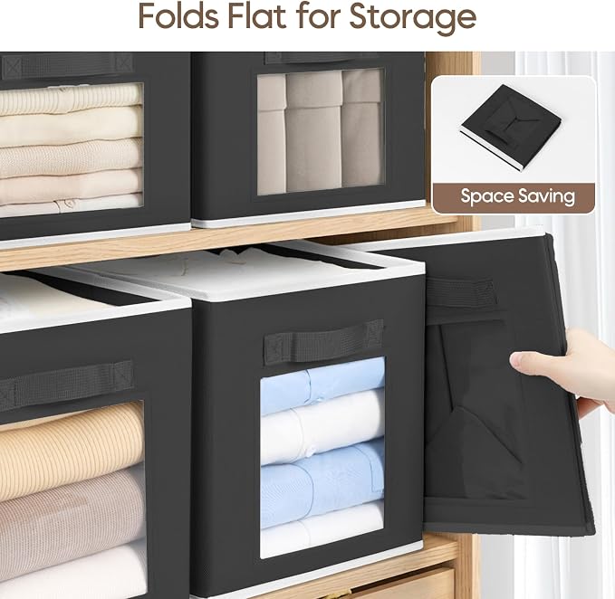 Foldable Storage Cubes - Square Organizer with Window, Decorative Baskets for Organizing, Fabric shelf Basket for Clothes, 11 Inch Closet Storage Cubes, Set of 16, Black