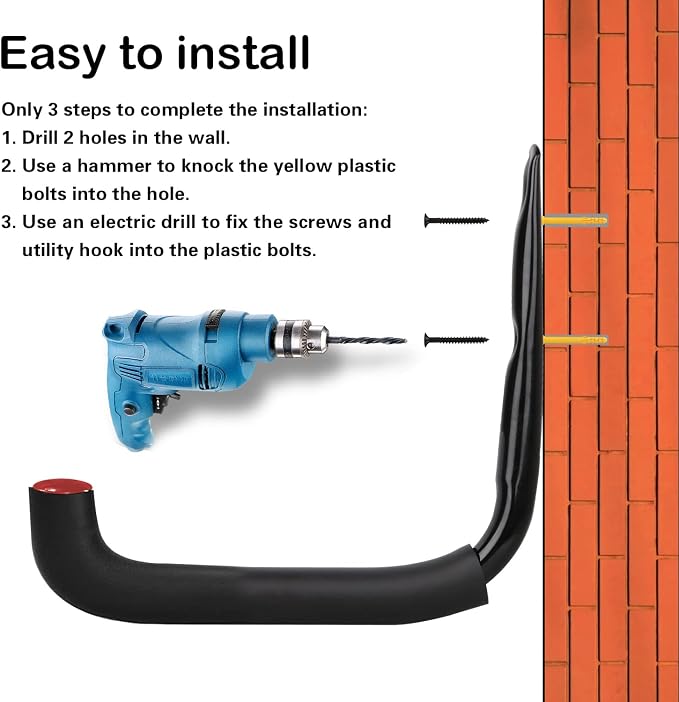 6 Pack 7-Inch Wall Mount Garage Storage Hooks for Ladder & Tools | Wall Mounted, Rust Resistant,Hooks with Installation, J Hooks for Ladder, Bike, Cable Bracket(Max 30 lbs)