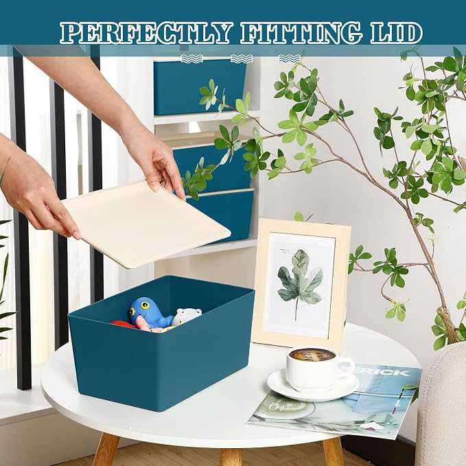 4 Pcs Storage Bins with Lids Plastic Stackable Containers for Classroom Room Organizing Shelves Christmas Ornament Box Baskets(Blue,Small)