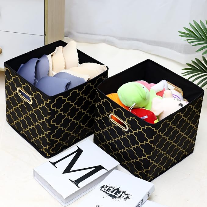 Fabric Cloth Storage Bins,Fabric Cube Organizer with Dual Handles Foldable Cube Storage Baskets for Home Bedroom Storage,Set of 3,(Black Gold)