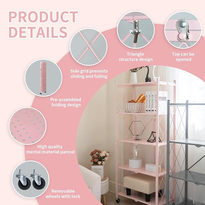 BRIAN & DANY 5-Tier Foldable Storage Shelves with Wheels, Folding Metal Rack Shelving Unit, Heavy Duty No Assembly Organizer Shelf for Garage, Kitchen, Basement, Pantry, Pink