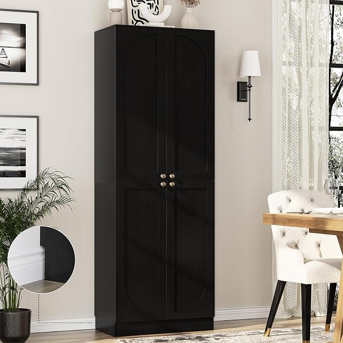 Cyclysio 80" Storage Cabinet, Tall Arched Bookcase with 4 Soft Close Doors, 6-Tier Wooden Pantry with Adjustable Shelves, Seamless Fit Wall for Home Office, Living Room, Kitchen (Black)