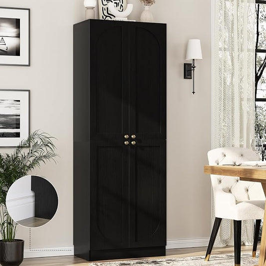Cyclysio 80" Storage Cabinet, Tall Arched Bookcase with 4 Soft Close Doors, 6-Tier Wooden Pantry with Adjustable Shelves, Seamless Fit Wall for Home Office, Living Room, Kitchen (Black)