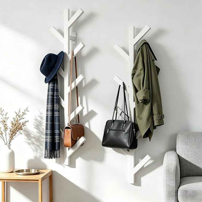 Vlush 2Pack Wall Mounted Coat Rack - 9 Hooks, Modern Metal Design, for Hats, Coats and Bags - Suitable for Entryways and Bedrooms - White (37.9" Height)