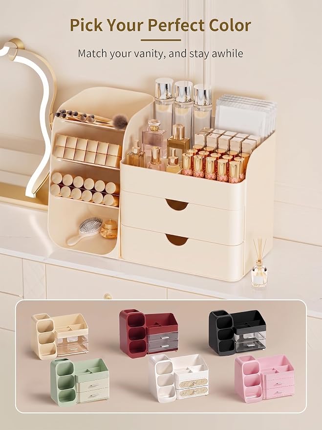 Booklov Small Makeup Organizer for Vanity Countertop, Cream | Plastic Cosmetic Display Case with Drawers, Beauty Brush Holder for Bathroom Counter, Skin Care Perfumes Storage