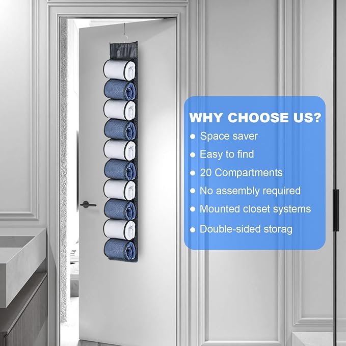 2-Pack Hanging Storage Legging Organizer for Wardrobe, Grey | Hang on closet rod, behind door, or wall. 20 Pockets, leggings jeans, scarves. Space-saving for bedroom, dorm,apartment