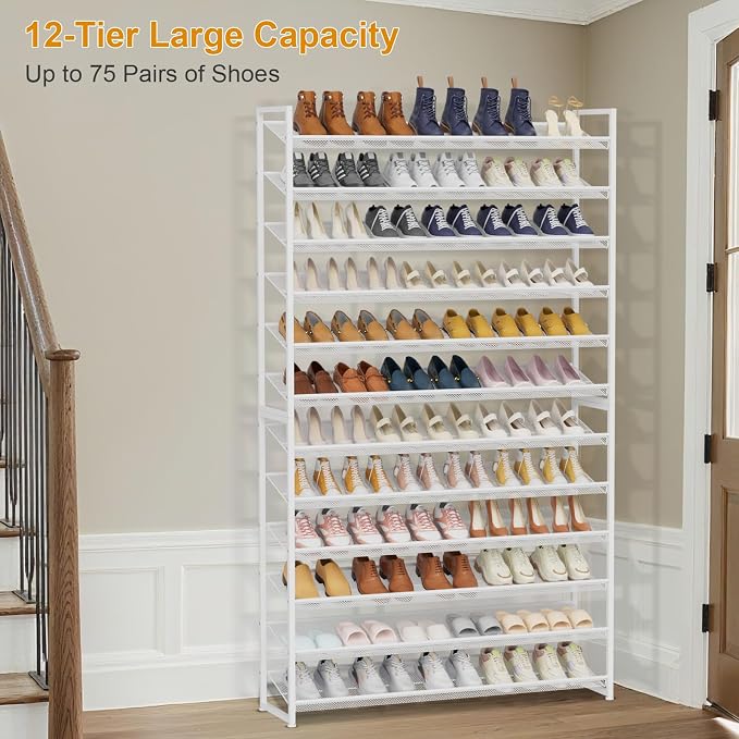 Large Shoe Rack 12 Tier Shoe Organizer, Heavy Duty Metal 6-Tier Stackable Shoe Storage Vertical Shoe Rack for Closet Front Door Entrance, Up to 75 Pairs, 44.8" W x 11.4" D x 85.1" H, White