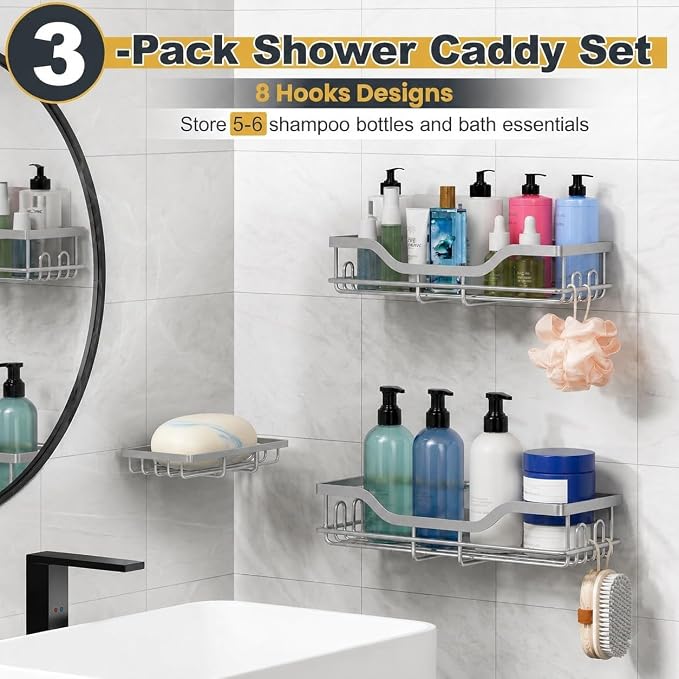 OMAIRA 3-Pack Shower Caddy with Soap Holder, Adhesive Rustproof No-drill Strudy Loading Inside Shower Organizer Shelves Rack Storage Bathroom Organization for Smooth Wall Glass Tile, Grey