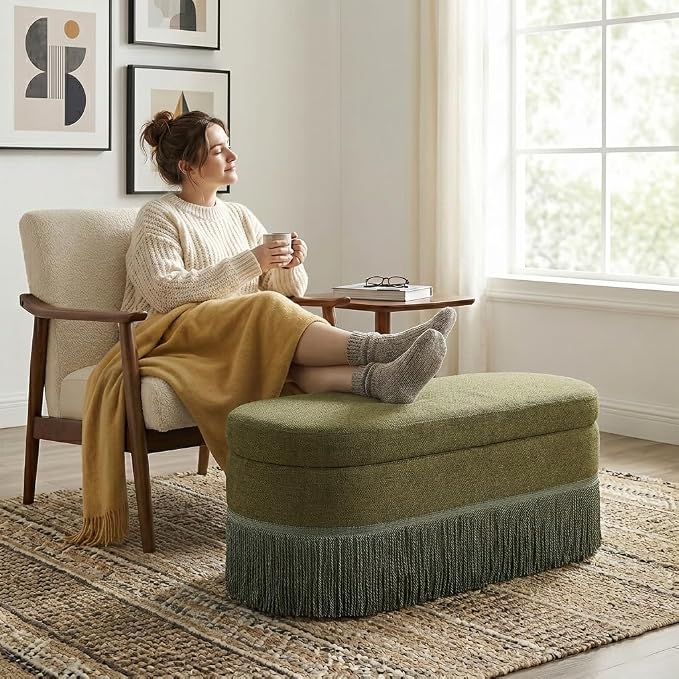 39.4“ Boho Storage Ottoman Bench with Tassels,Upholstered End of Bed Bench | Linen Oval Ottoman with Storage, Entryway Foot Rest for Bedroom, Lift-Top Lid with Safety Hinge, Living Room& Window, Green