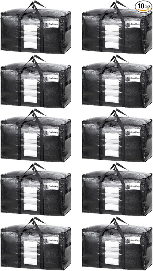 TAILI Extra Large Moving Bags, 10 Pack Black Heavy Duty Totes For Storage with Visible Window, Wrap Around Handles, Storage Bags for Space Saving, Alternative to Moving Boxes