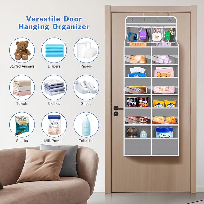 Univivi Upgraded Over the Door Organizer for Baby Nursery, Grey, 5-Shelf | Fabric Door Organizer with Clear Window Deep Pockets, Over Door Hanging Organizer for Baby Essential, Bedroom, and Dorm