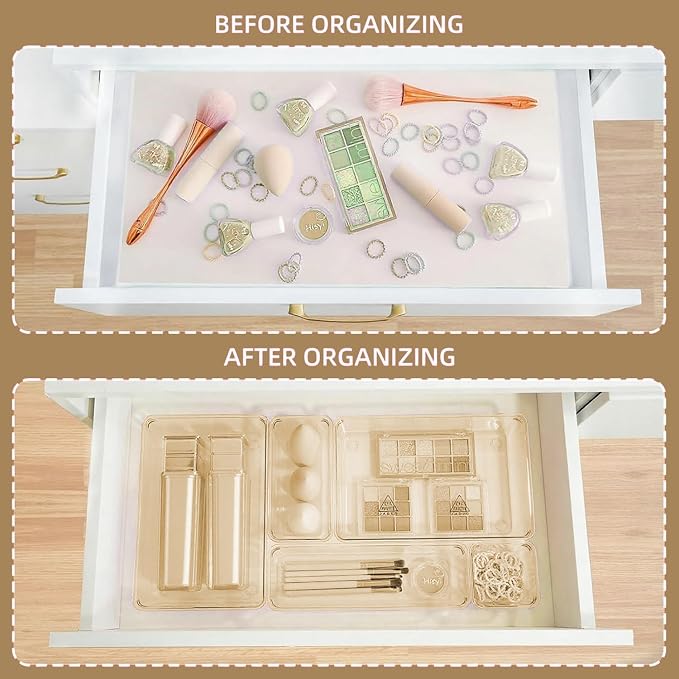 Kitchen Desk Drawer Organizers Storage for Office, Small Acrylic Vanity Trays Makeup Organizer for Drawer Bathroom Plastic Make up Organizers 25 Pcs Clear Champagne