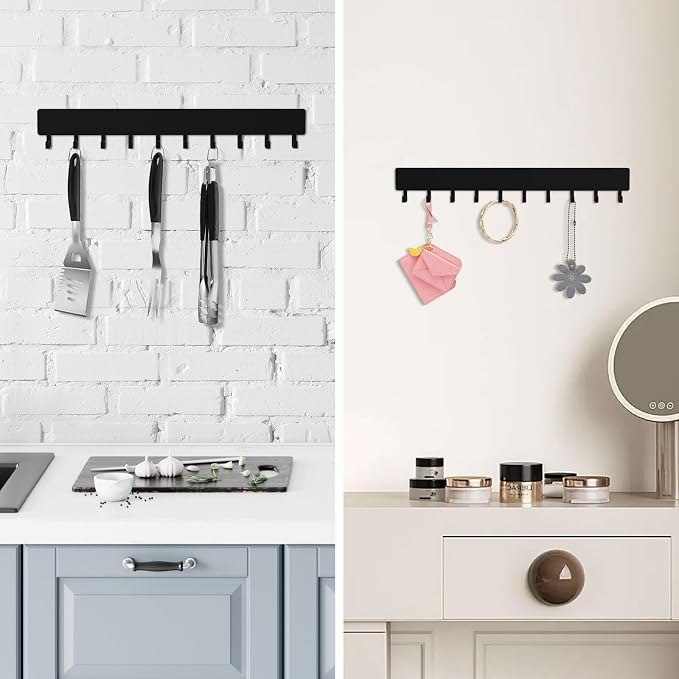 Key Holder Wall Mount,14in with 10 Hooks,Black Metal Key Hanger for Car Key Ring,Suitable for Entrances/Door/Living Rooms/Kitchen/Offices（2 Sets）