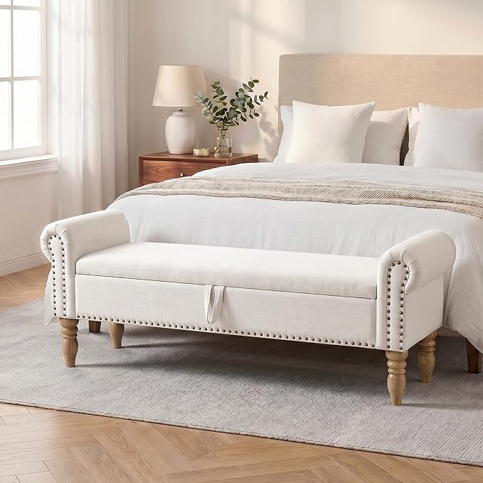 60" Storage Bench for Bedroom,End of Bed Bench with Storage | Linen King Size Bench with Rolled Arms,Storage Ottoman Benches for Living Room,Entryway,Benches for Foot of Bed,Beige