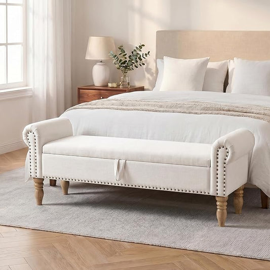 60" Storage Bench for Bedroom,End of Bed Bench with Storage | Linen King Size Bench with Rolled Arms,Storage Ottoman Benches for Living Room,Entryway,Benches for Foot of Bed,Beige