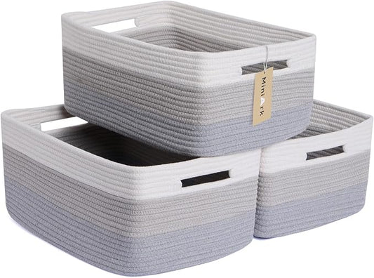 MiniArk Large Storage Baskets for Shelves, 17 x 13 x 7.5” Closet Organizers Bins for Clothes Blanket Towels, Baby Nursery, Toy Baskets Box, Woven Rope Baskets, 3 Packs Gradient Grey