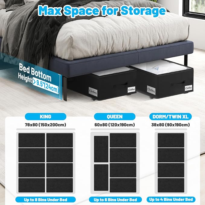 Under Bed Storage with Wheels, 2-Pack 10" Height XXL 75L Rolling Storage Bins, Quick Assembly Underbed Shoe Storage Containers with Clear Lid & Label, Dorm Under Bed Drawers for Clothes, Shoes, Black