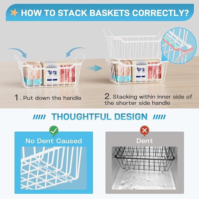 SUNALLY Freezer Organizer Bins, 4 Pack Stackable Pantry Storage Bins, White | Chest Freezer Organizer for 5-7 Cu.FT Deep Freezer to Sort Frozen Meats & Food, Wire Baskets for Pantry Organizers & Storage
