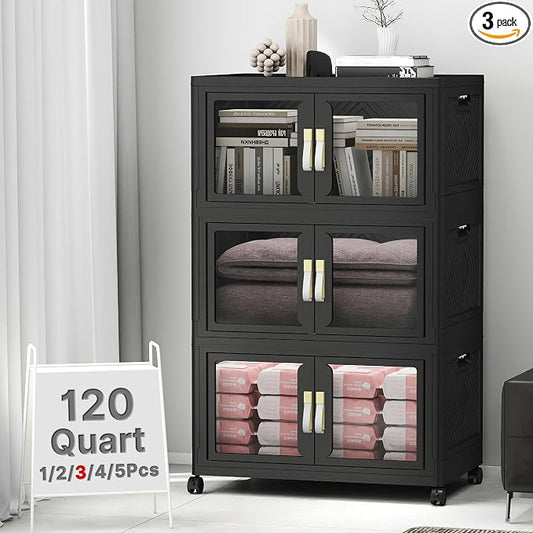Stackable Storage Bins with Lids, 360QT Extra Large Storage Cabinet | Clear Doors, Foldable Storage Drawers, Heavy Duty, Collapsible Closet Organizers for Bedroom Office (3, Black, 120, Quarts)