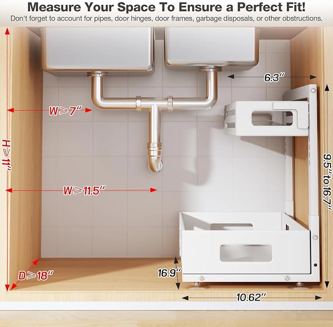 2 Pack 17IN-Depth Under Sink Organizer,Pull Out Cabinet Organizer With Smooth Cylindrical Rail,Metal Slide Out Drawer for Kitchen Bathroom Laundry,8-Level Tool Free Height Adjustable-White