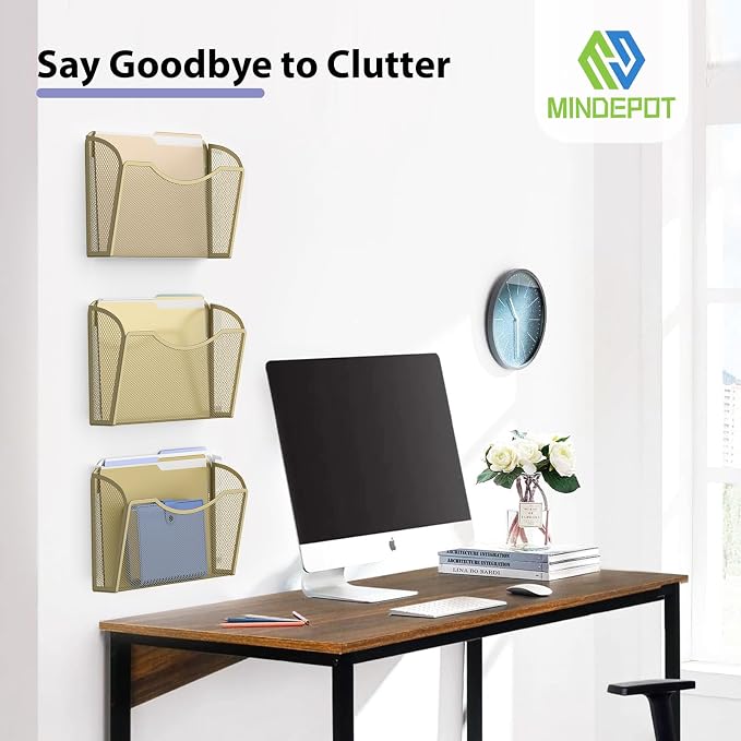 MINDEPOT Wall File Organizer, Hanging Wall File Holder, 3 Pack, Gold | Heavy Duty Iron, Metal Mesh Wall Mount, Single Pocket, Mail Organizer, for Office School Classroom Home, Letter A4 Size