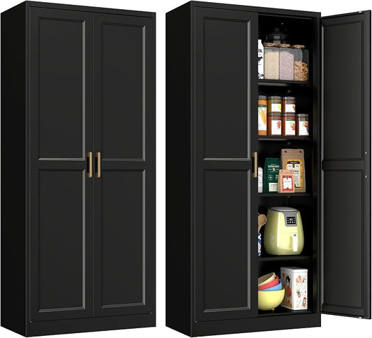 Polup Pantry Cabinet, 71 Inch Tall Kitchen Storage Cabinet, Metal Pantry Cabinet with Doors and Adjustable Shelves, Freestanding Heavy Duty Steel Utility Cupboard for Garage, Laundry, Black
