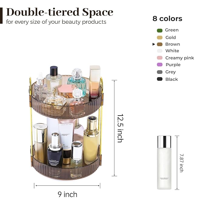 Aveniee 360 Rotating Makeup Organizer for Vanity, Perfume Sincare Organizers Bathroom Countertop Storage, Clear Cosmetics Lipstick Holder for Dresser,2 Tiers, Brown