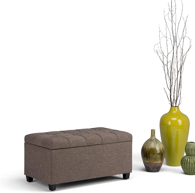 SIMPLIHOME Sienna 33" Wide Vegan Leather Storage Ottoman in Satin Cream | Tanners brown, transitional ottoman with tufting and lift-up lid; rectangle storage bench for living room or entryway.