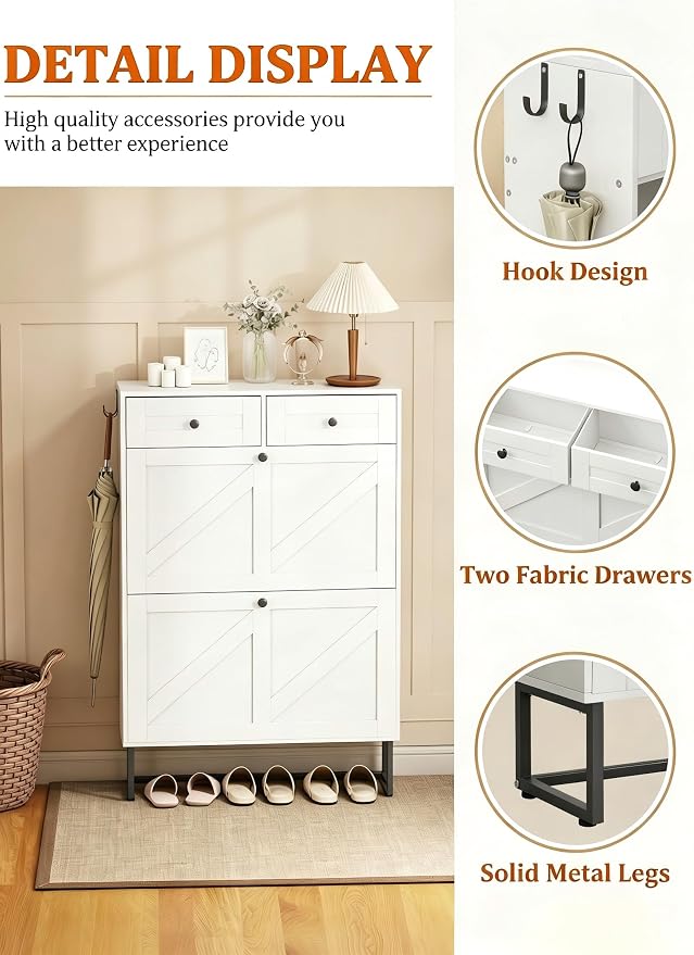 Shoe Storage Cabinet with 2 Flip Drawers & 2 Fabric Drawers, Farmhouse Hidden Shoe Organizer Cabinet with Adjustable Panel and Hooks, Narrow Slim Shoe Cabinets for Entryway, Hallway, Porch