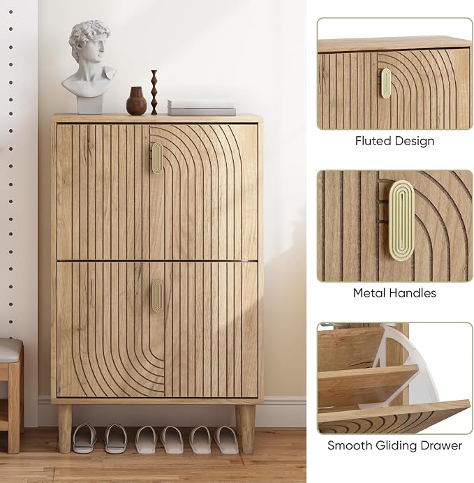 Smuxee Shoe Cabinet with 2 Flip Drawers, 23.6" Oak Hidden Shoe Storage Cabinet with Line Groove Design, Freestanding Shoe Organizer Cabinet for Entryway, Hallway, Living Room