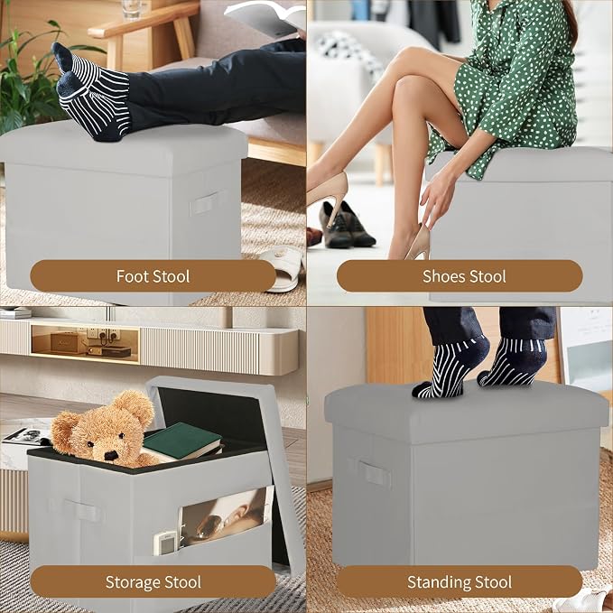Ottoman with Storage. Foldable Foot Stool with Thick Foam Padded Seat, Grey | Small Ottoman Foot Rest for Living Room Bedroom Home Office, Foot Stools Ottoman with Side Pockets and Handles, 17x13x13in