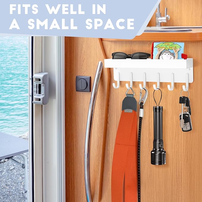 Magnetic Key Holder, Wall Mount Key Rack with Shelf, 9.65 in, White | Metal Material, Small Size, 6 Metal Hooks, 2 Installation Ways, for Fridge, Entryway, Kitchen, Bathroom, Garage, RV, Office